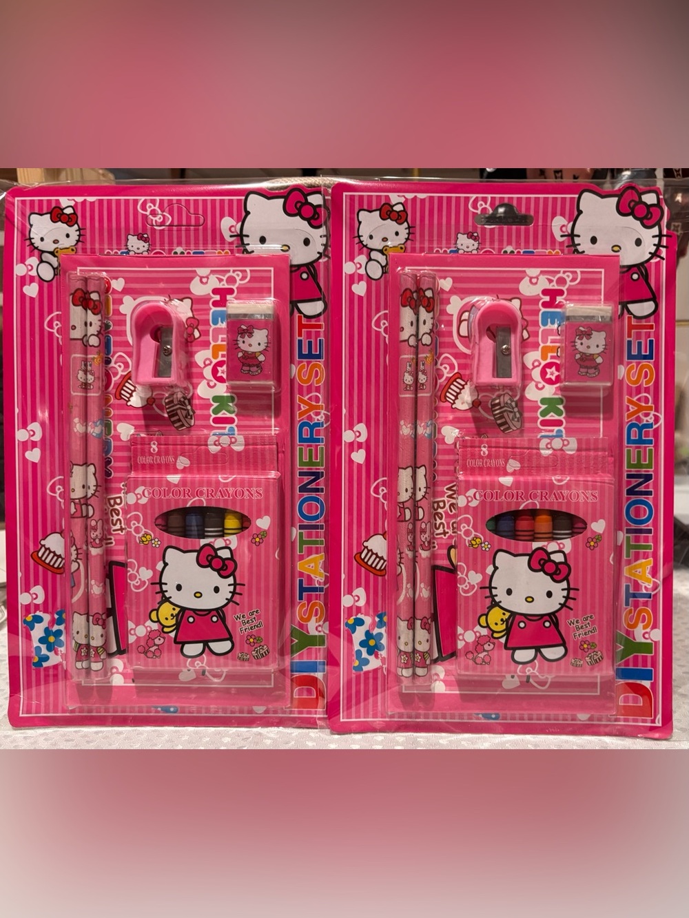 2 Sets of Hello Kitty Pink Kids Stationery Set with Pencils & Crayons